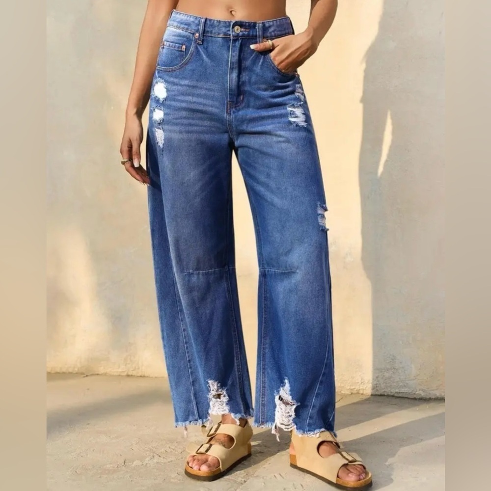 Blue Flare Barrel Wide Leg Jeans with Distressed Hem